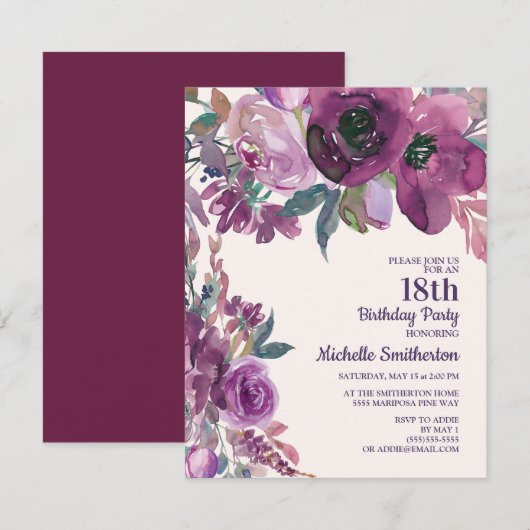 Invitation Fleur d'aquarelle violette élégante pour 18 ans (Devant / Derrière)