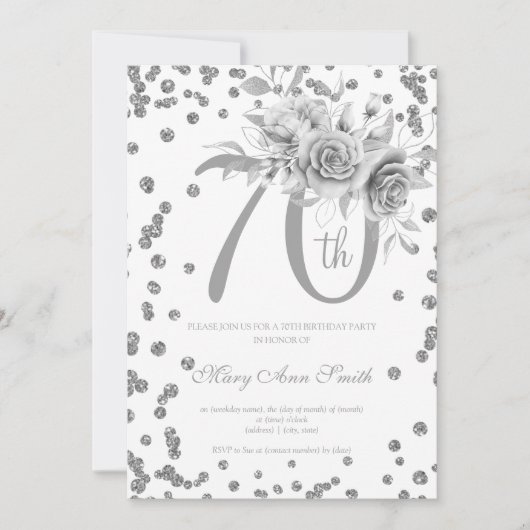 Invitation Fleur d'argent & Confetti 70e fête d'anniversaire (Devant)