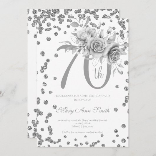 Invitation Fleur d'argent & Confetti 70e fête d'anniversaire (Devant / Derrière)