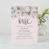 Invitation Fleur d'argent rose pâle Floral un premier anniver (Debout devant)