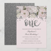 Invitation Fleur d'argent rose pâle Floral un premier anniver (Devant / Derrière)