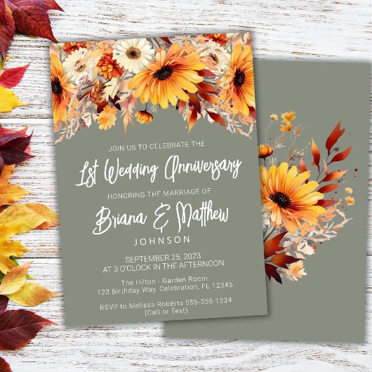 Invitation Fleur de automne vert 1er anniversaire Mariage