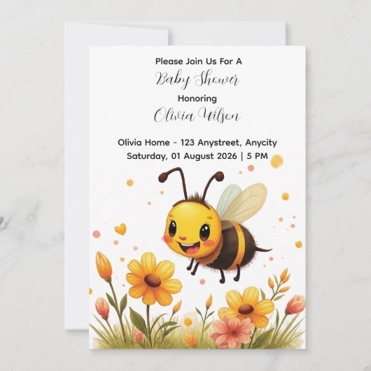 Invitation Fleur de bande dessinée d'abeille mignonne (Devant)