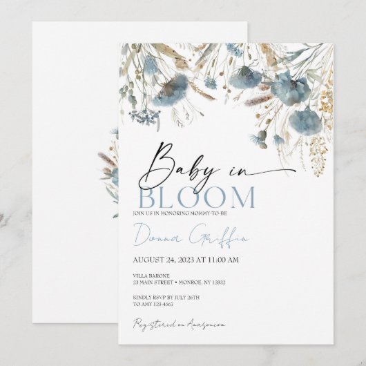Invitation Fleur de Bébé Bohème Bleu (Devant / Derrière)