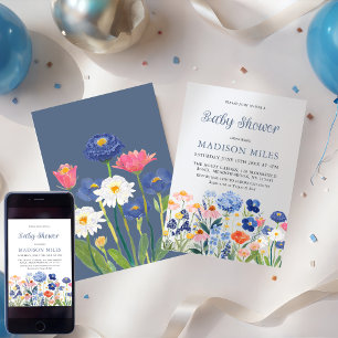 Invitation Fleur de bébé poussiéreuse bleue à l'aquarelle en