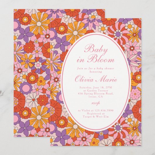 Invitation Fleur de bébé Rose Rétro Fête de Bébé Groovy (Devant / Derrière)