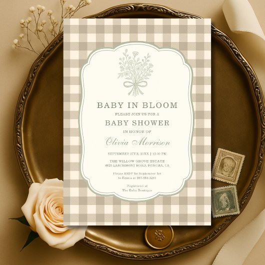 Invitation Fleur de bébé Shower bébé Gingham Neutre