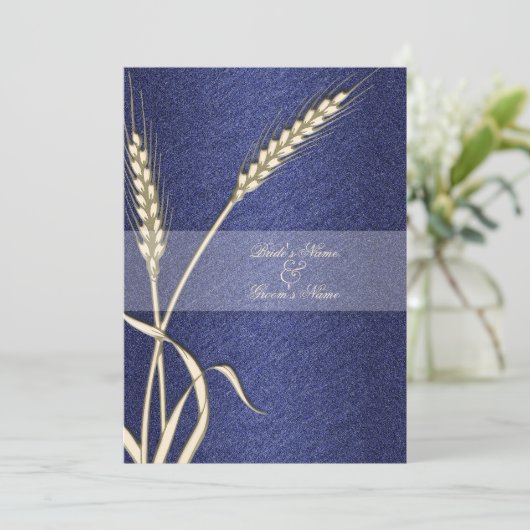 Invitation Fleur de blé mariage à crème bleue (Debout devant)