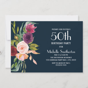 Invitation Fleur de Blush de Bourgogne Bleu pour 50e Annivers