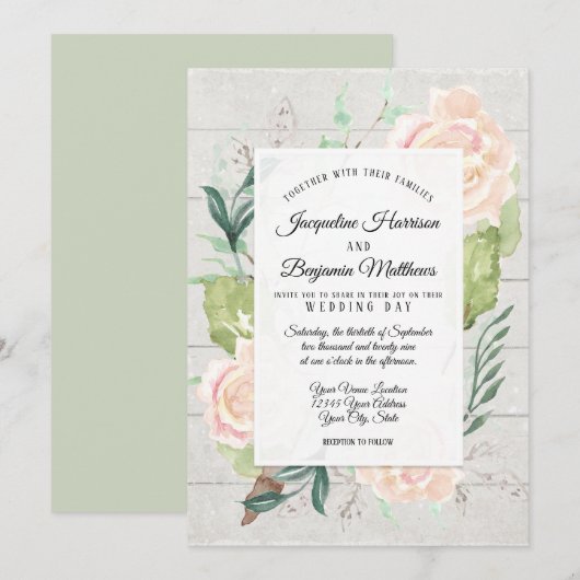 Invitation Fleur de Bois Rustique Art Floral Aquarelle Rose I (Devant / Derrière)