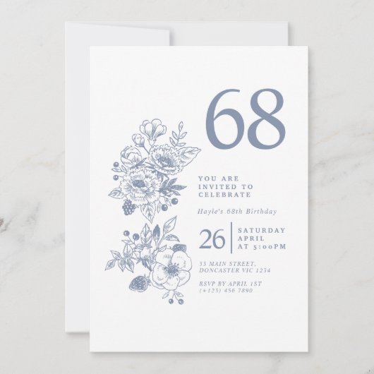Invitation Fleur de Botanique Dusty Blue 68e Anniversaire (Devant)