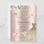 Invitation Fleur de cadre Papillons Robe Or rose (Devant)
