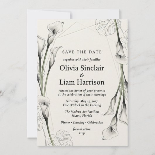 Invitation Fleur de calla monochrome et aquarelle de feuille (Devant)