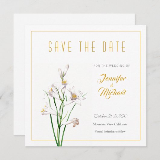 Invitation Fleur de calligraphie couleur or mariage Enregistr (Devant / Derrière)