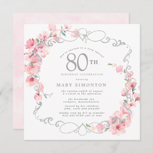Invitation Fleur de cerise rose 80e anniversaire (Devant / Derrière)