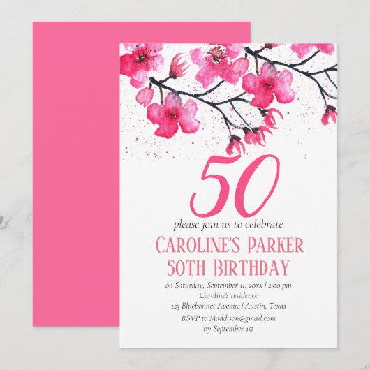 Invitation Fleur de cerise rose pâle 50e anniversaire Floral (Devant / Derrière)