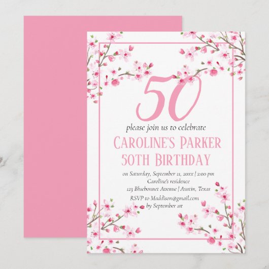 Invitation Fleur de cerise rose pâle 50e anniversaire Floral (Devant / Derrière)