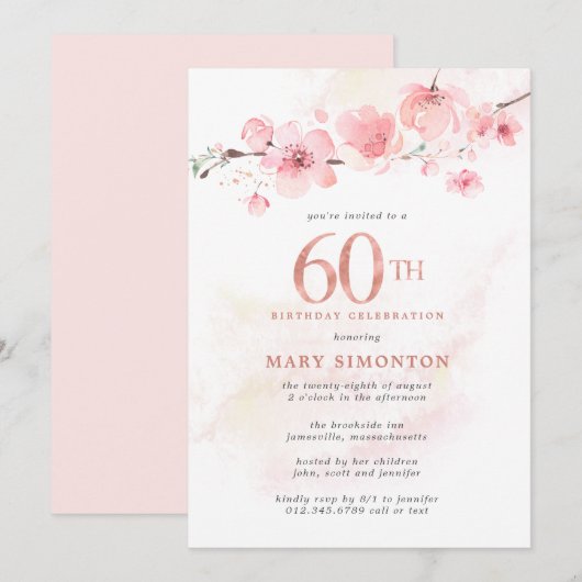 Invitation Fleur de cerise rose pâle 60e anniversaire (Devant / Derrière)