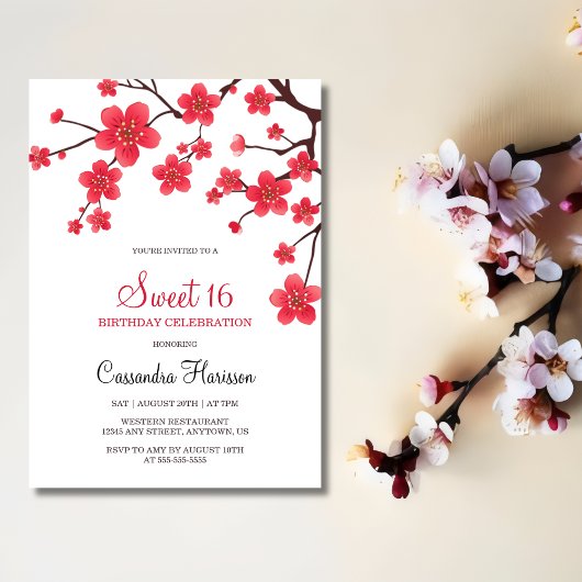Invitation Fleur de cerise rouge fleurie Sakura 16e anniversa