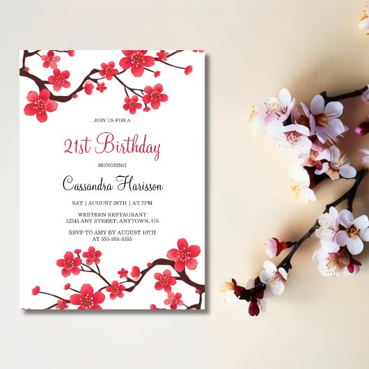Invitation Fleur de cerise rouge florale Sakura 21e anniversa