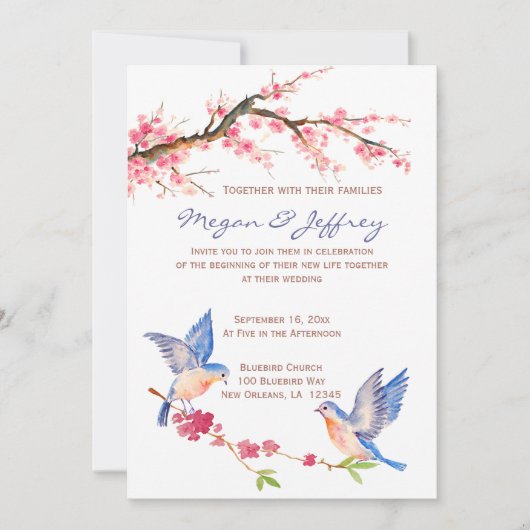 Invitation Fleur de cerisier d'aquarelle avec BlueBirds (Devant)