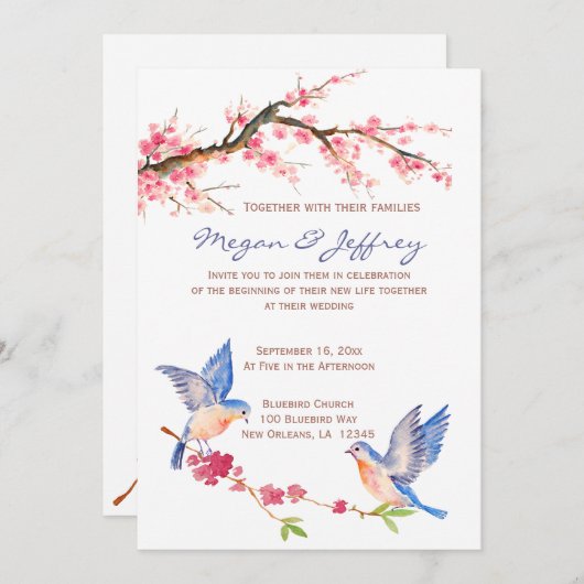 Invitation Fleur de cerisier d'aquarelle avec BlueBirds (Devant / Derrière)