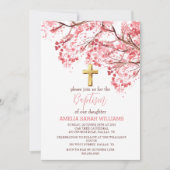 Invitation Fleur de cerisier Floral Élégant Croix Fille Baptê (Devant)