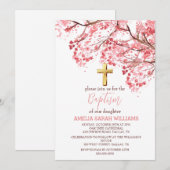 Invitation Fleur de cerisier Floral Élégant Croix Fille Baptê (Devant / Derrière)