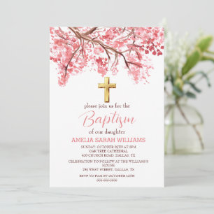 Invitation Fleur de cerisier Floral Élégant Croix Fille Baptê