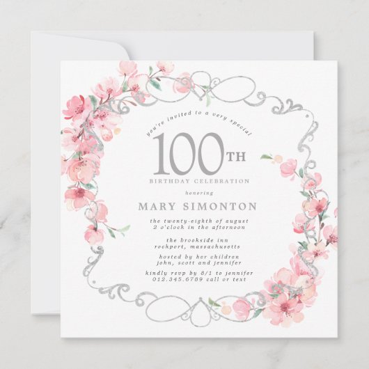 Invitation Fleur de cerisier rose 100e fête d'anniversaire (Devant)