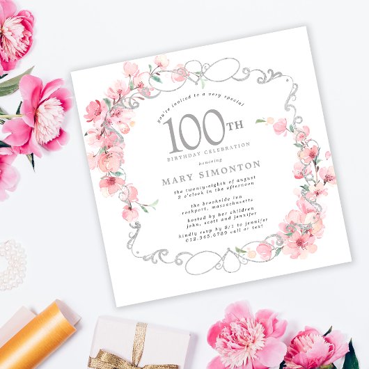 Invitation Fleur de cerisier rose 100e fête d'anniversaire