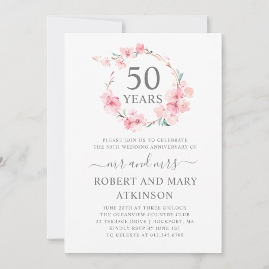 Invitation Fleur de cerisier rose 50e anniversaire de mariage (Devant)
