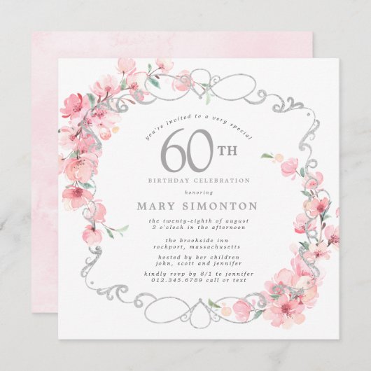 Invitation Fleur de cerisier rose 60e anniversaire (Devant / Derrière)