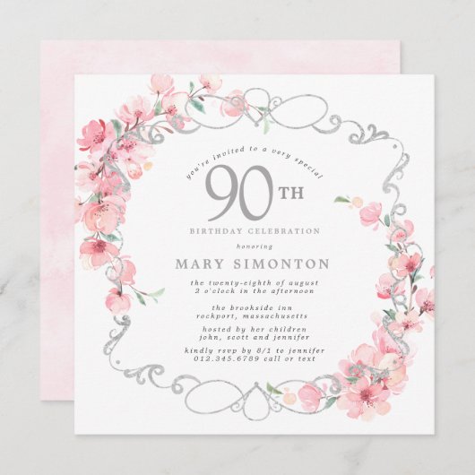 Invitation Fleur de cerisier rose 90e anniversaire (Devant / Derrière)