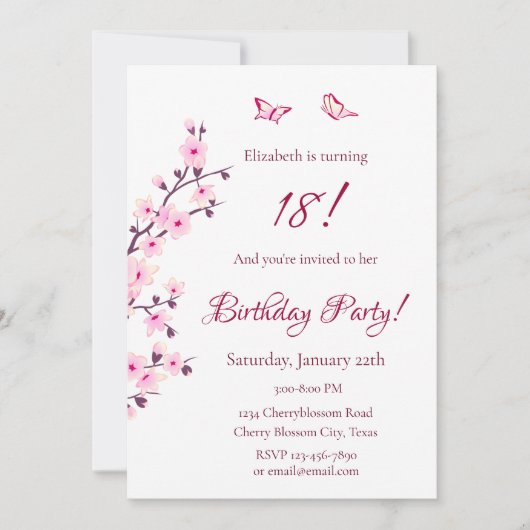 Invitation Fleur de cerisier rose Anniversaire (Devant)