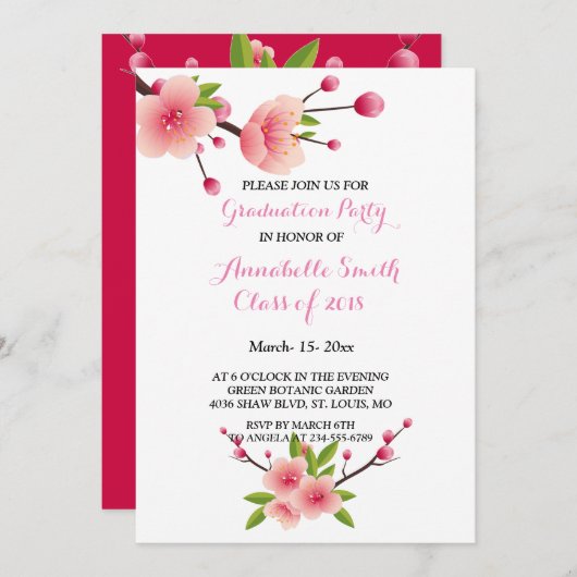 Invitation Fleur de cerisier rose blanc Fleur de Graduation P (Devant / Derrière)