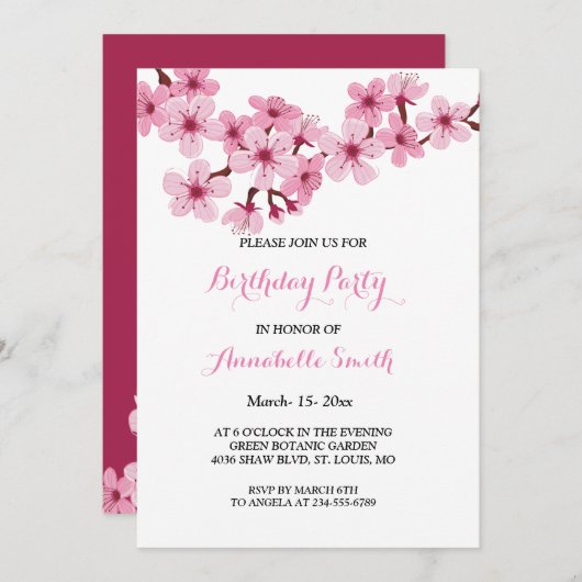 Invitation Fleur de cerisier rose Blanc floral fête d'anniver (Devant / Derrière)
