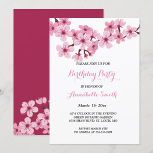 Invitation Fleur de cerisier rose Blanc floral fête d'anniver