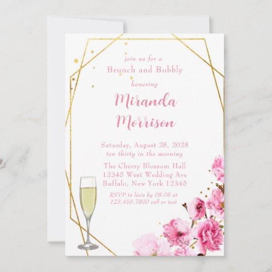 Invitation Fleur de cerisier rose Brunch géométrique & Bubbly (Devant)