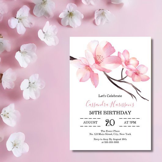 Invitation Fleur de cerisier rose clair moderne Anniversaire 