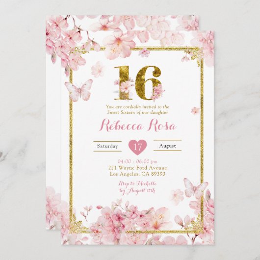 Invitation Fleur de cerisier rose or Fille Florale Sweet 16 (Devant / Derrière)