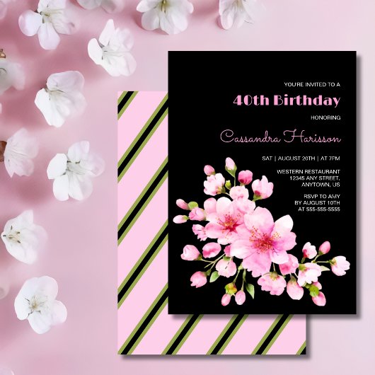 Invitation Fleur de cerisier rose rustique Sakura Black Birda
