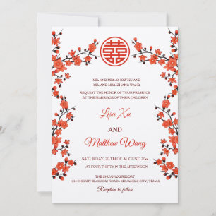 Invitation Fleur de cerisier rouge BILINGUE   Mariage chinois