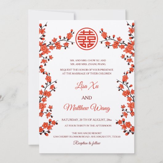 Invitation Fleur de cerisier rouge BILINGUE | Mariage chinois (Devant)