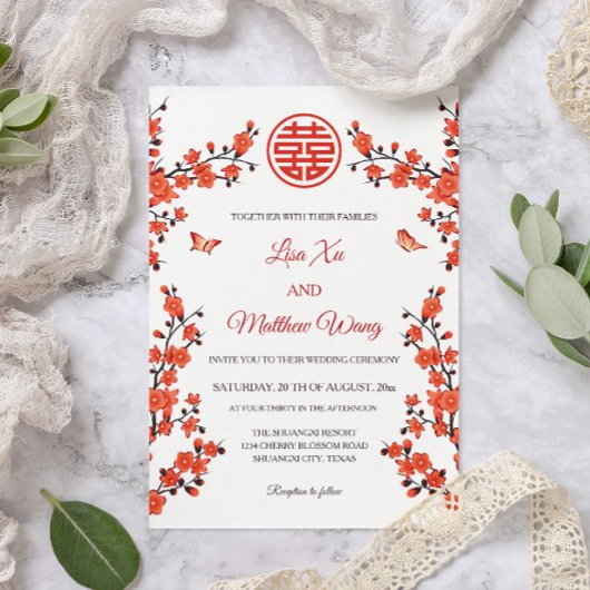 Invitation Fleur de cerisier rouge | Mariage chinois