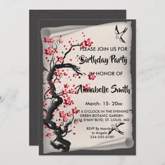 Invitation Fleur de cerisier vintage (Devant / Derrière)