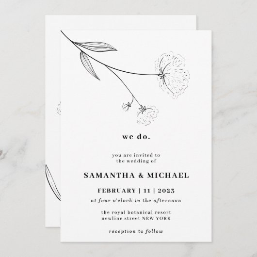 Invitation Fleur de coton blanc clair Botanique nous faisons (Devant / Derrière)