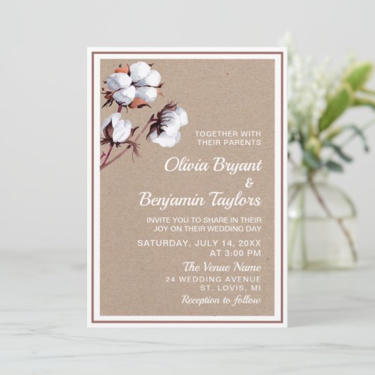 Invitation Fleur de coton blanc. Rustique moderne Kraft Maria (Debout devant)