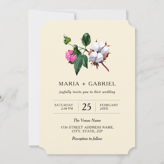 Invitation Fleur de coton en fleurs. Mariage botanique rustiq (Devant)
