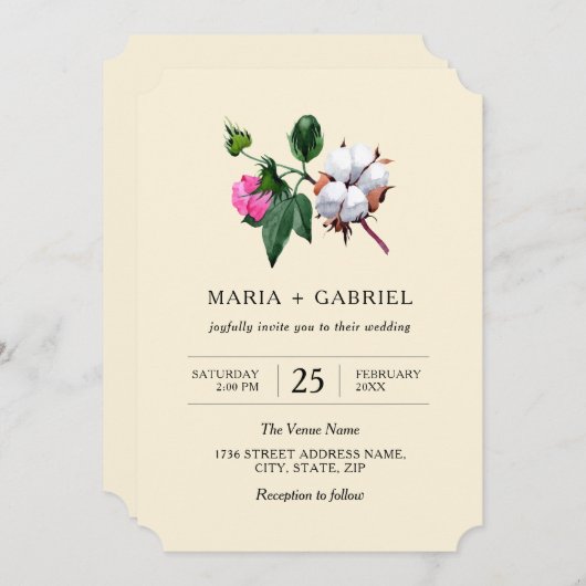 Invitation Fleur de coton en fleurs. Mariage botanique rustiq (Devant / Derrière)
